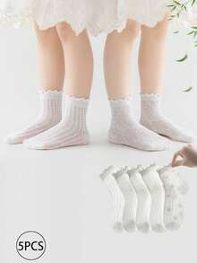 5 Pairs Children's Socks, Summer Mesh Breathable Comfortable Soft White Ruffle Edge Girls Socks, Cute Black & White Butterfly Kids Socks - White - View 1