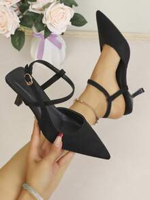 New Women's Black Suede Pointed Toe Criss-Cross Strap, Open Back Mid-Heel Sandals, Elegant Office Shoes - Black - View 1