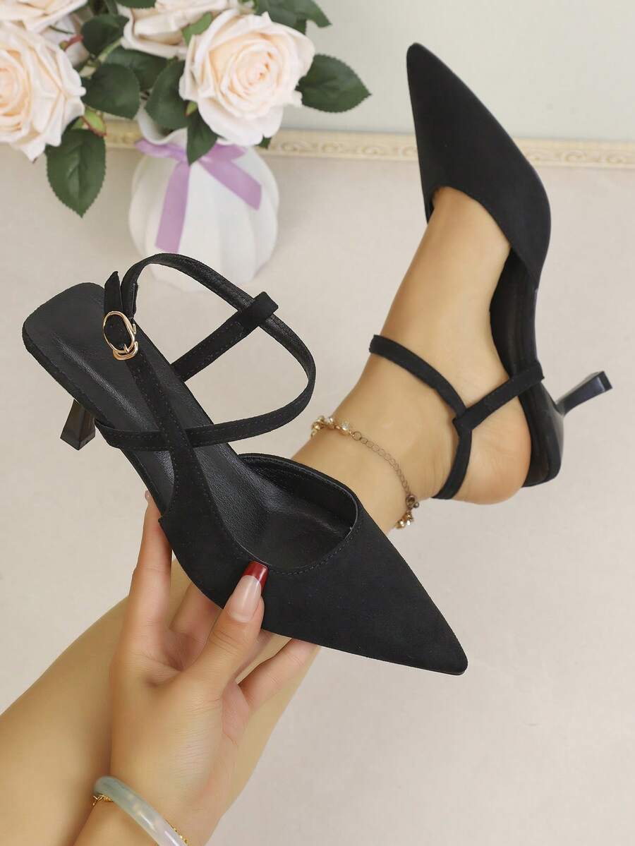 New Women's Black Suede Pointed Toe Criss-Cross Strap, Open Back Mid-Heel Sandals, Elegant Office Shoes - Black - View 1