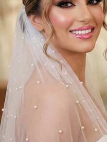 1pc Short Versatile Pearl Bridal Veil, Minimalist Elegant Headpiece For Women's Wedding Dress, Marriage Registration - 彩色 - 查看 3