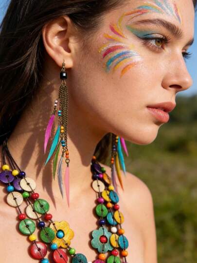 流苏耳环，女士小众设计耳环，奢华优雅长款耳环，适合日常佩戴；波西米亚风多层花卉吊坠项链，手工编织椰壳服饰配饰