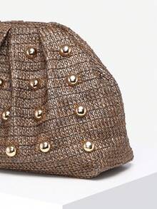 1 pieza Bolso de mano plegable de mujer con estilo de vacaciones en la playa, decoración de remaches, retro, minimalista, adecuado para uso diario, playa, fiesta, vacaciones - Café - Ver 5