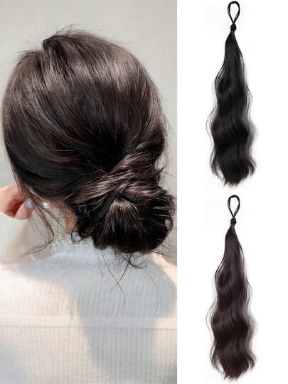 Long Wavy Synthetic Self-Winding Ponytail Hair Extensions With Elastic Rubber Band Braided Hair Bundle For Women Increase Hair