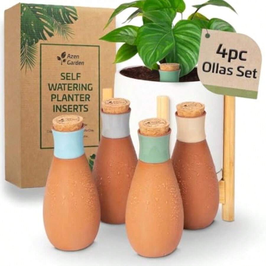 Plant Watering Globes - Terracotta Self Watering Planter Insert - Watering Bulbs for Outdoor and Indoor Plants with Easy Top Refill System - Set of 4 Ollas - Beige azul verde gris - Ver 1