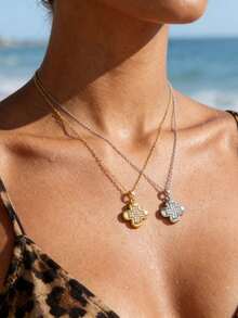 闪亮水钻四叶草项链，金银叠层颈链，奢华密镶吊坠，海滩风配饰，简约设计，通勤约会皆宜，百搭珠宝 - 項鍊 - 查看 2