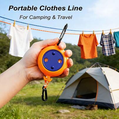 1pc Portable Retractable Clothesline, 32ft Heavy Duty Travel Laundry Rope With Windproof Reel, Adjustable Outdoor Drying Rope For Camping, Hiking, RV, Hotel And Backyard, Blue And Orange Retractable Clothesline Camping Essential