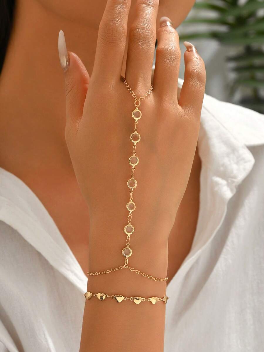 2pcs/Set Gold Minimalist Transparent Crystal Handmade Chain Linked Finger Ring Bracelet, Alloy Heart Bracelet, Fashionable Jewelry For Women, Suitable For Daily Wear And Party, Can Be Given As Mother's Day Gift - Multicolor - View 1