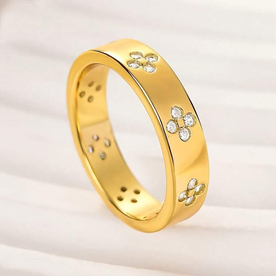18K镀金四叶草锆石戒指，简约奢华百搭设计，女士适用 - 金色 - 查看 1