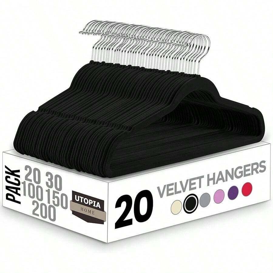 20-Pack Plush Clothes Hangers, Velvet Hangers,Luxurious, Traceless, High-Load-Bearing Wardrobe Hangers, Suitable For Clothing Storage In Bedrooms, Balconies, And Bathrooms, And Can Be Used To Hang Shirts, Coats, Dresses, Pants, Etc. - Màu đen, 20 cái - Xem 1