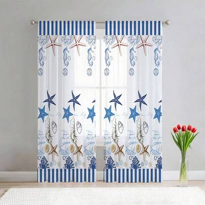 2pcs Ocean-Themed Sheer Curtains Featuring Starfish,Seahorses,Seashells,And Sailboats In A Predominantly Blue,White,And Gold Color Scheme With Blue And White Vertical Stripes.The 2D Flat Print Makes Them Suitable For Living Rooms,Bedrooms,And Dining Rooms.