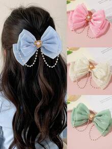 1pc Girls Cute Sweet Multi-Layer Tulle Bow Pearl Tassel Hair Clip - Bow Tie Clip - View 1