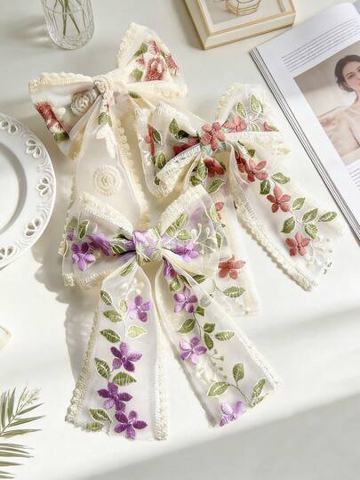 3个女士花卉刺绣蕾丝蝴蝶结发夹，简约时尚优雅休闲可爱百搭日常通勤发饰，精致刺绣，不伤发质