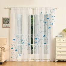 两片海洋主题薄纱窗帘，饰有蓝色鱼群和气泡图案。半透明，清新航海风格，适用于客厅、卧室和餐厅。 - 多色-2pcs - 查看 2