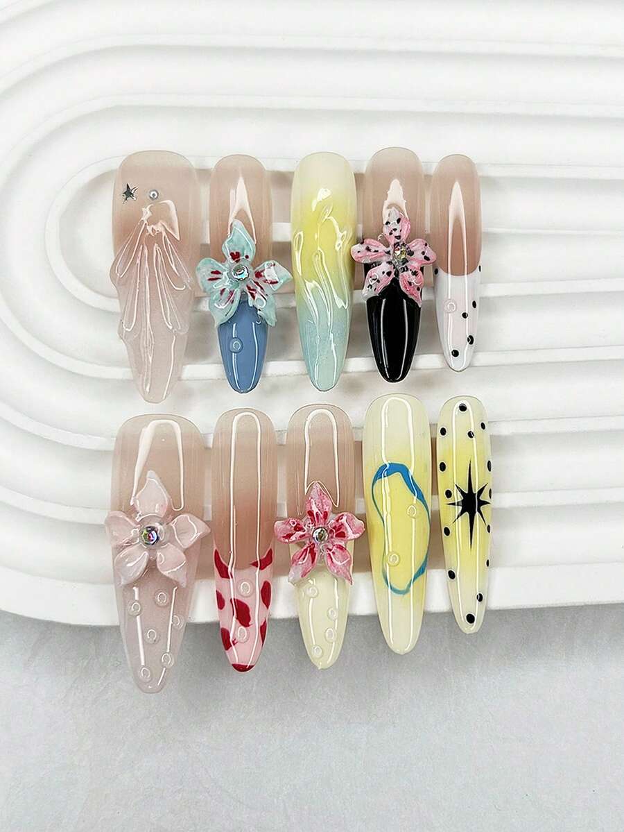 Bộ 10 miếng dán móng tay thủ công họa tiết mùa hè Dopamine Sweet French Blush, móng giả dài nhọn 3D hoa văn sóng biển (1 miếng dán dạng thạch + 1 dũa móng) - Nhiều màu - Xem 1