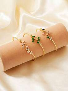 Cubic Zirconia Leaf Decor Cuff Bracelet LO6N - Bạc - Xem 5