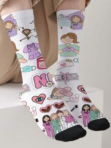 1-Pack 360-Print Nurses' Day Themed Socks – All-Season Unisex Novelty Socks, Fashionable Streetwear Style Crew Socks - Multicolor - View 9
