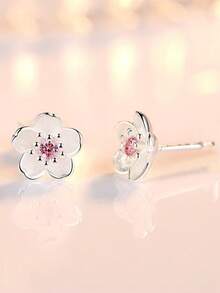 Elegant Pink Peach Blossom Pure Silver Jewelry Set, Romantic Floral Necklace & Earrings, Gift Box For Girlfriend - Pink - View 8