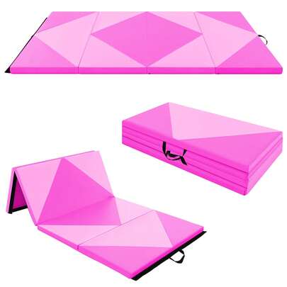  COSTWAY 4' X 8' X 2" Gymnastics Mat, 4-Fold Tumbling Mat With Carrying Handles & Hook And Loop Fasteners, Folding Exercise Mat For Home Gym Fitness, Suitable For Gymnastics, Stretching, Yoga, Martial Arts, Pink