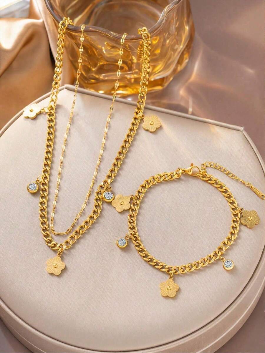 1 Set de Joyería de Acero Inoxidable con Colgante Floral, Pulsera y Aretes, Minimalista Elegante Clásica de Moda Casual, Adecuada para el Día de San Valentín, Eid, Días Festivos, Uso Diario, Fiesta, Regalo (Bolsa OPP y Caja Solo para Fotografía) - Amarillo Oro - Ver 1