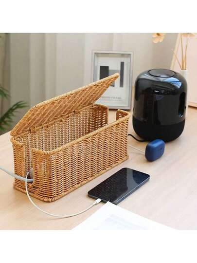 Caja organizadora de cables, 1 cesta de almacenamiento de cables tejida a mano, caja organizadora de cables de escritorio, caja organizadora de regletas, caja de almacenamiento de organización del hogar.