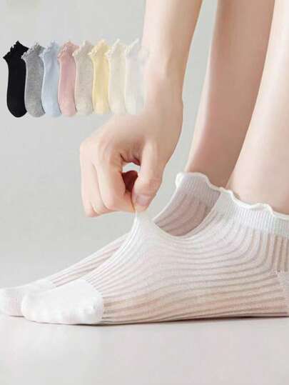 4/8双装女士经典纯色透气荷叶边短袜，可爱甜美日常休闲洛丽塔风格简约竖条纹蕾丝边袜，适合春夏日常、休闲、运动、旅行，也是所有节日的送礼佳品。