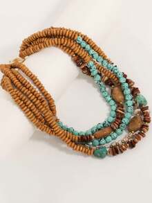 Bohemian Style Multi-Layer Beaded Necklace, Malachite Brown Vintage Faux Turquoise Wood Inlay Vacation Style Choker Necklace - Multicolor - View 6