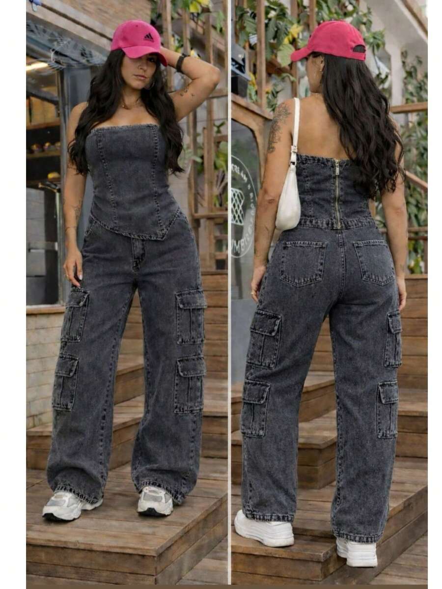 Graphite Denim Set With Jeans And Graphite Strapless Cropped Top - International Fashion New Release - Xám - Xem 1