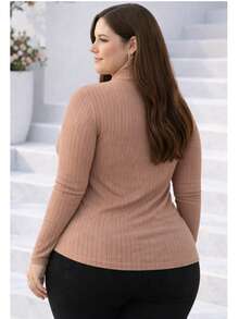 Women's Plus Size Long Sleeve Blouse With Medium High Ribbed Neck, Premium Comfortable Viscose - Marrón Mocha - Ver 3