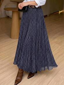 Women's Elegant Elastic Waist Navy Blue & White Polka Dot Pleated A-Line Skirt, Minimalist & Fashionable For Daily Commute Spring Vacation - Navy Blue - View 1