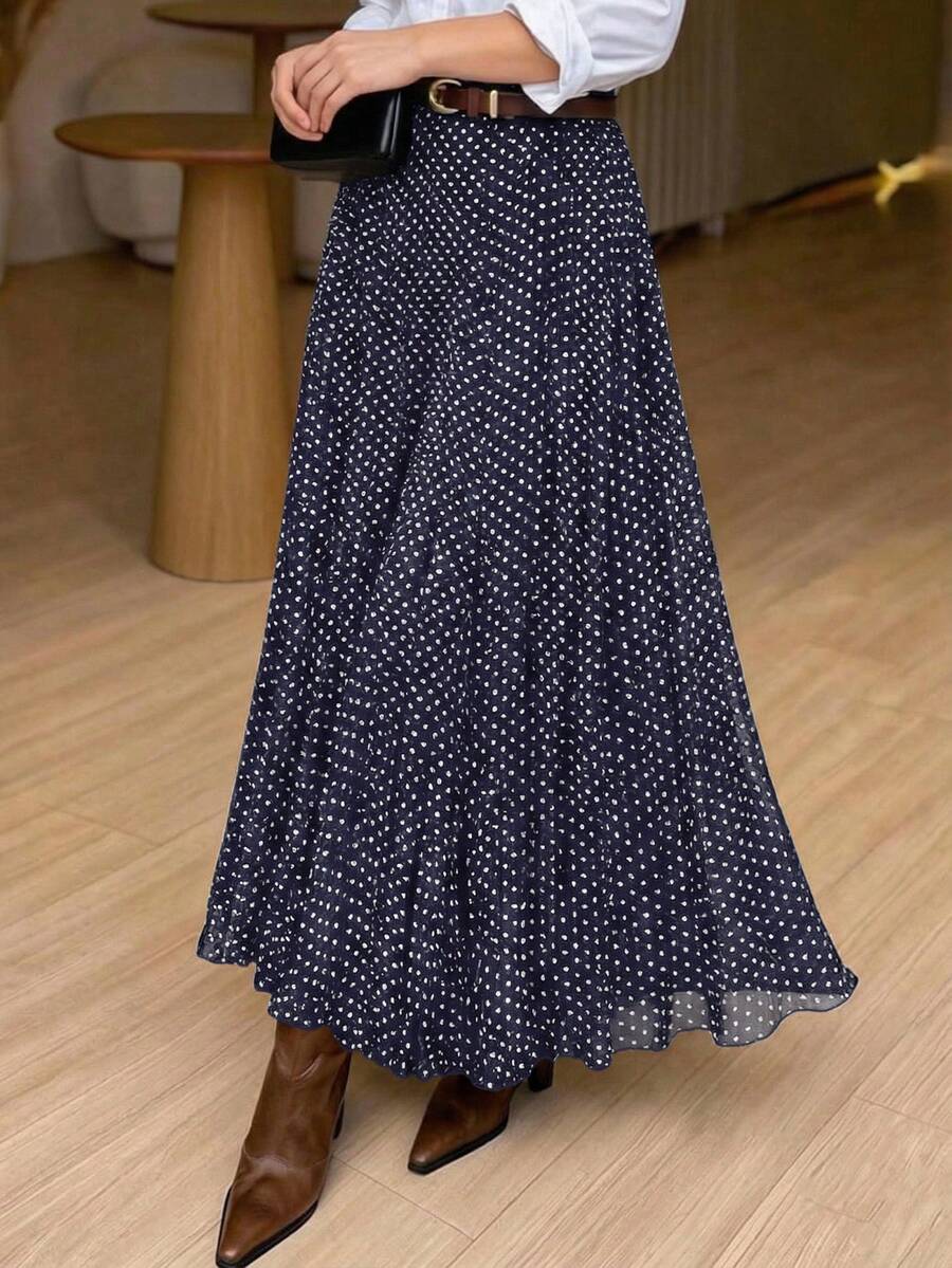 Women's Elegant Elastic Waist Navy Blue & White Polka Dot Pleated A-Line Skirt, Minimalist & Fashionable For Daily Commute Spring Vacation - Navy Blue - View 1