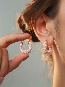 2只简约几何珍珠耳环，U形设计，甜美耳环，适合女性日常佩戴 - 彩色 - 查看 2