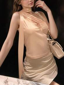 Women One Shoulder Scarf Top Lace Trim Satin Halter Neck Camisole with Scarf Y2k Sexy Party Night Clubwear - Champán - Ver 5