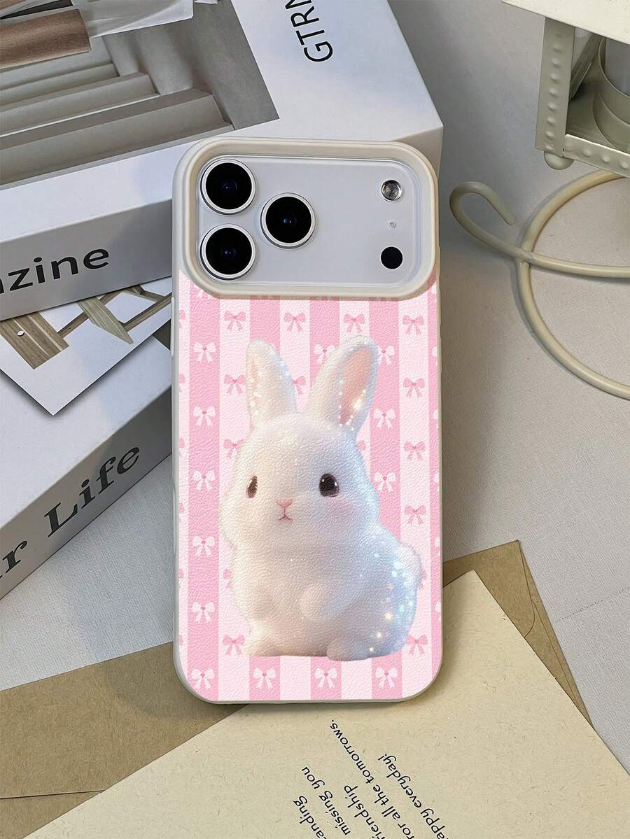 1pc Fresh Girl Style Pink & White Striped Bow Rabbit Pattern Litchi Texture Waterproof Shockproof Anti-Slip Soft Phone Case, Suitable As Birthday/Holiday Gift For Friends, Family, Couples, Compatible With Apple/ Phone Models - Multicolor - View 1