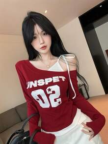 Asymmetric Collar Color Block Long Sleeve T-Shirt, Sweet & Sexy Girl Print Fitted Top For Women, Spring/Summer Red - Red - View 8