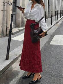 DONICY 女士酒红色提花高腰喇叭中长裙，春秋季时尚优雅约会外出婚礼宾客派对装扮 - 酒紅色 - 查看 3