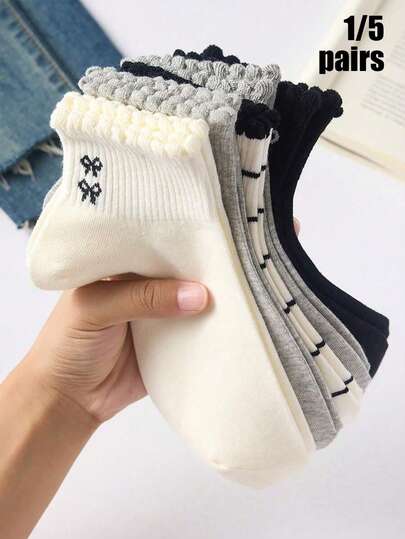1/5 Pairs Women Floral & Bow Pattern Short Socks, Suitable For All Seasons, Minimalist & Fun Socks, Great For Gifts, Photo Shoots, Comfortable Fabric, Fashion, Sports, Ins Style, Ruffles, Cute