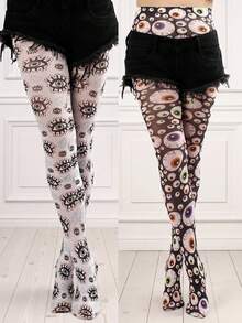 1 Pair Spring/Summer Versatile Devil's Eye Retro Print Pantyhose, Leggings, Sweet & Cool Fashion, High Elasticity & Comfort, Suitable For Daily Outfit, Fashion Item, Couples, Holiday Gifts - Multicolor - View 1