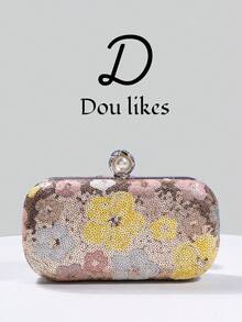 新款亮片晚宴包，花卉亮片设计，优雅订婚手拿包，搭配旗袍，配金属链条，魅力女士派对及婚礼包，完美搭配毕业舞会礼服、亮片连衣裙、闪亮连衣裙、优雅女士连衣裙。 - 香檳色 - 查看 2