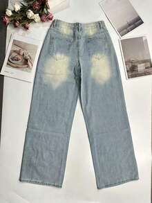 Celana Jeans Kasual Longgar Lurus dengan Kaki Lebar yang Modis untuk Remaja, Cocok untuk Semua Musim - Medium Wash - View 2