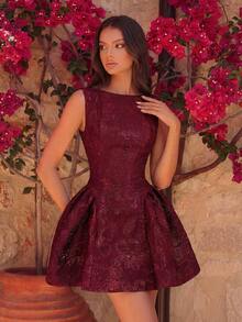 Đầm ngắn dáng chữ A hở lưng, cổ thuyền, chất liệu jacquard thanh lịch, cạp cao, thích hợp cho dạ hội, sinh nhật, hẹn hò buổi tối, tiệc liên hoan, đám cưới, tiệc cocktail, lễ hội gia đình, mùa xuân. - Màu Đỏ Sâu - Xem 1