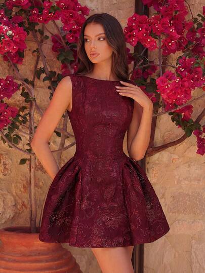 Elegant Boat-Neck Jacquard Fabric High-Waisted Backless A-Line Short Party Dress For Prom Birthday Party Evening Date Homecoming Party Wedding Guest Cocktail Reception Family Festival