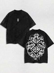 Men's Washed Denim, Skull Berserker Design, Suitable For Everyday Wear And Outdoor Activities, Street Style T-Shirt. - Black - View 1
