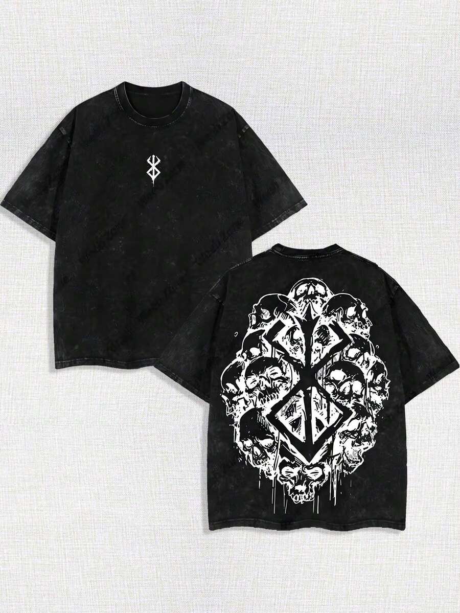Men's Washed Denim, Skull Berserker Design, Suitable For Everyday Wear And Outdoor Activities, Street Style T-Shirt. - Black - View 1