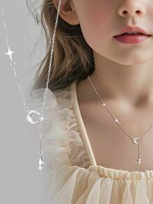 1pc S925 Sterling Silver Minimalist Sweet Star & Moon Tassel Necklace, Cute Charming Design, Suitable As Gift For Daughter, Loved Ones, Girls On Birthday Or Anniversary - Stars and Moon - View 7