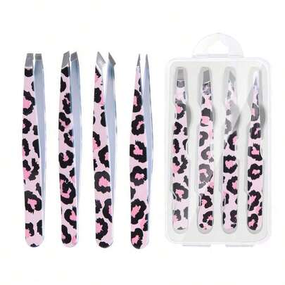 4 piezas Juego portátil de pinzas de belleza, pinzas para cejas, pinzas para eliminar el vello facial, pinzas de acero inoxidable con punta plana y angulada para cejas, pestañas y maquillaje, herramientas de belleza disponibles todo el año