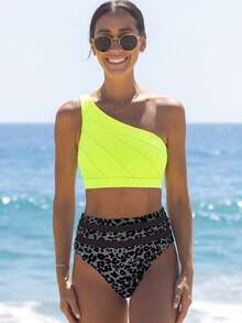 popvil Women's Colorblock One-Shoulder Bikini Set, Suitable For Summer Vacation And Beach Wear - Green - View 4