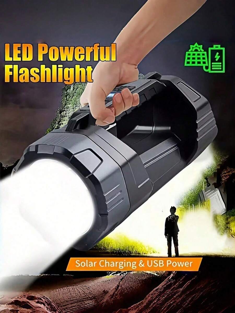 Portable LED Flashlight With Red And Blue Flashing Warning Light, USB Rechargeable, Adjustable Beam, ABS Material; Suitable For Camping, Fishing, Repair And Emergency Situations; Durable And Sturdy, With Solar And Power Bank Function