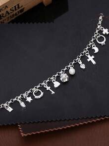1件装手链 女士日常周年纪念宣言 多吊坠 十字架 爱心 星星 银色 - 銀色 - 查看 6