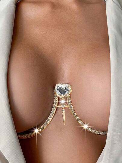 1 pieza Cadena corporal con decoración de corazón de cristal brillante, adecuada para discoteca, fiesta, atuendo de playa y resort para mujeres