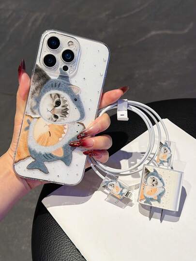 Funda de teléfono con patrón de tiburón y gato, material de TPU, cubierta protectora transparente anti-caída con agujeros precisos + protector de cable de carga, adecuado para iPhone 16 Pro Max/11/12/13/14 Plus/15 Pro/XS/XR/17/17 Pro/17 Pro Max, adecuado para hombres y mujeres, se puede regalar como regalo festivo